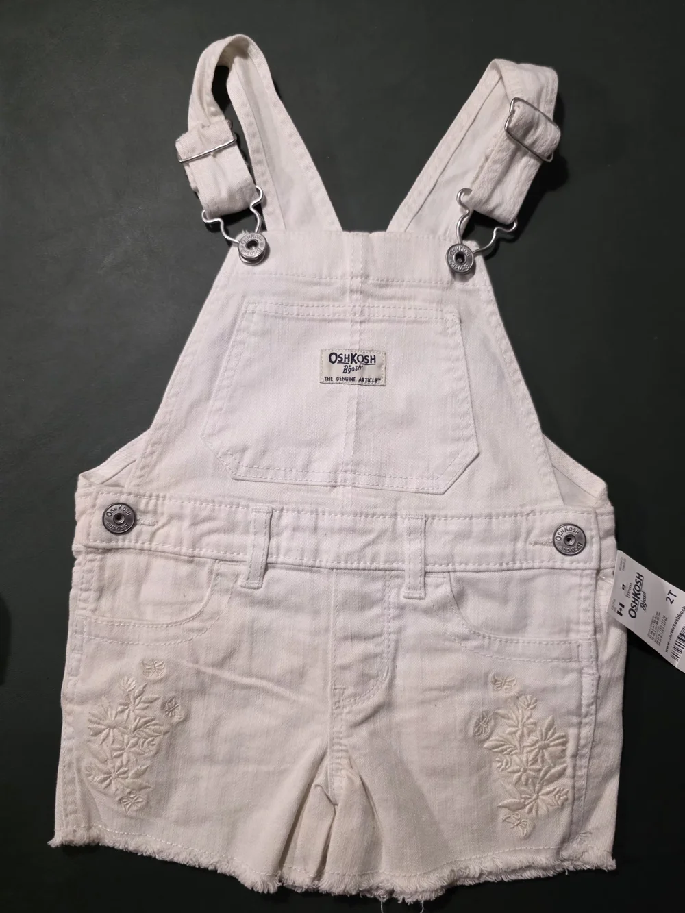 OshKosh B'gosh Cream Denim Shortall Romper with Embroidered Pockets